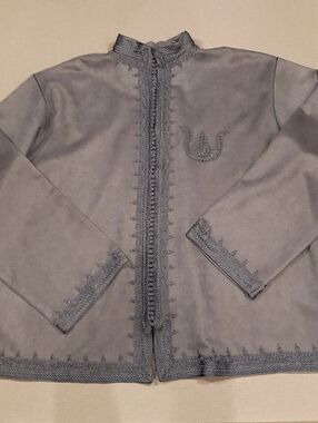 Blue Faux Suede Embroidered Moroccan Boho Jacket
